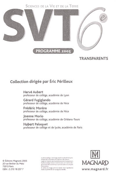 SVT, sciences de la vie et de la terre 6e : transparents : programme 2005