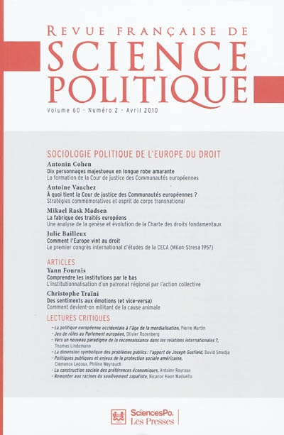 Revue française de science politique, n° 60-2. Sociologie politique de l'Europe du droit