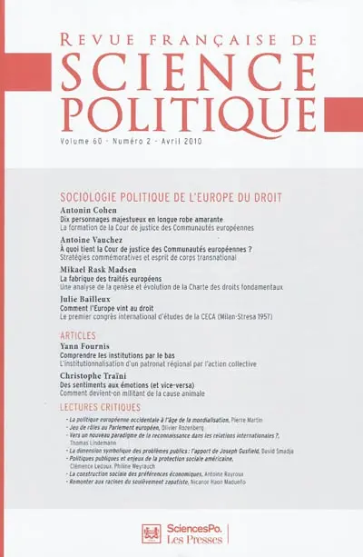Revue française de science politique, n° 60-2. Sociologie politique de l'Europe du droit