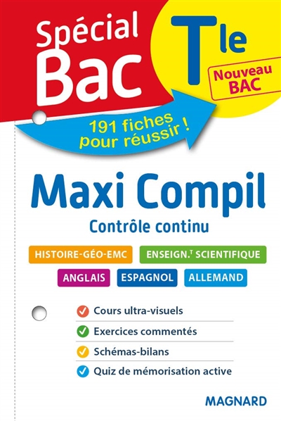 Maxi compil contrôle continu, terminale : histoire géo EMC, enseignement scientifique, anglais, espagnol, allemand, nouveau bac : 191 fiches pour réussir !