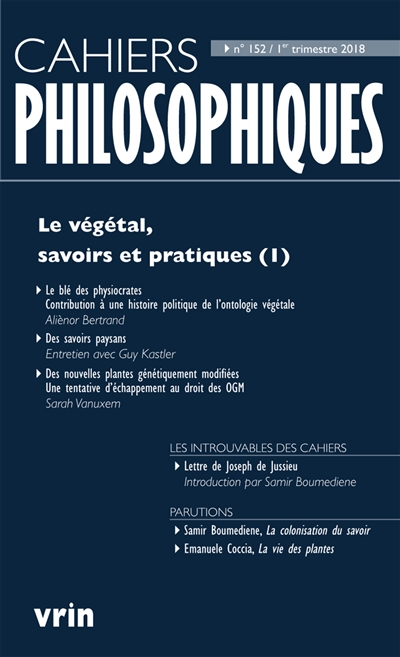 Cahiers philosophiques, n° 152. Le végétal, savoirs et pratiques (1)