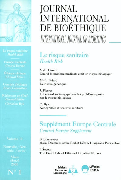 Journal international de bioéthique, n° 1 (2000). Le risque sanitaire. Health risk