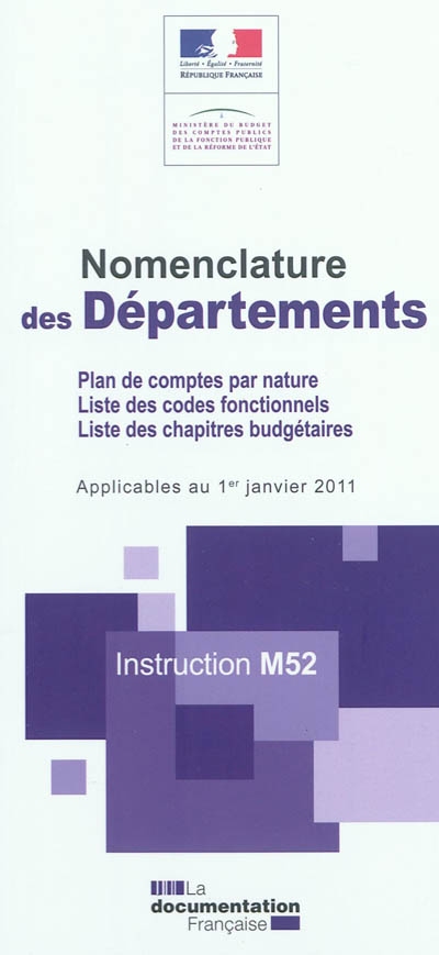 Nomenclature des départements : plan de comptes par nature, liste de codes fonctionnels, liste de chapitres budgétaires applicables au 1er janvier 2011 : instruction M52