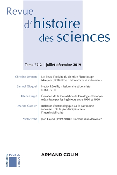 Revue d'histoire des sciences, n° 72-2