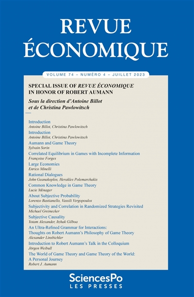 Revue économique, n° 74-4. Special issue of Revue économique in honour of Robert Aumann