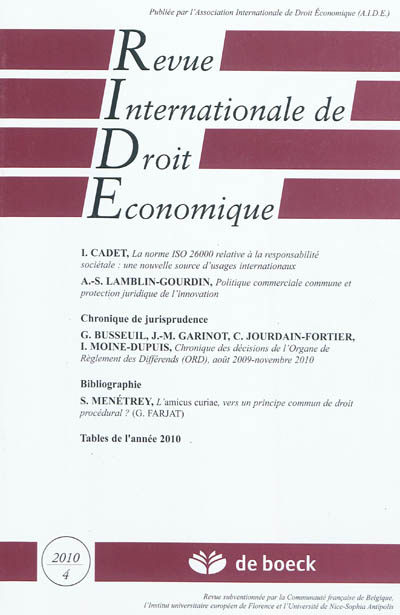 Revue internationale de droit économique, n° 4 (2010)