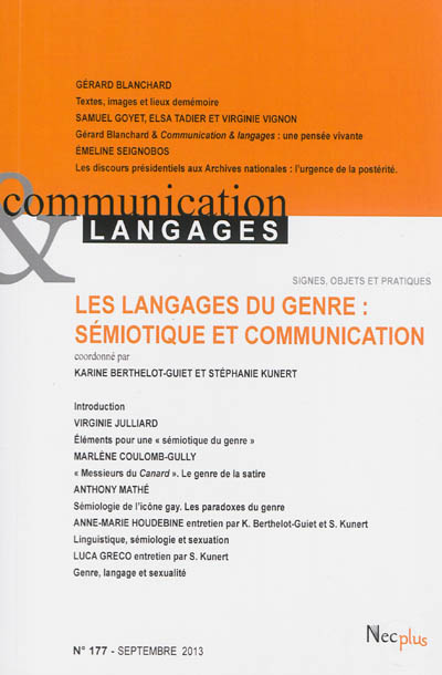 Communication & langages, n° 177. Les langages du genre : sémiotique et communication : signes, objets et pratiques