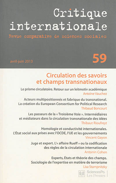 Critique internationale, n° 59. Circulation des savoirs et champs transnationaux