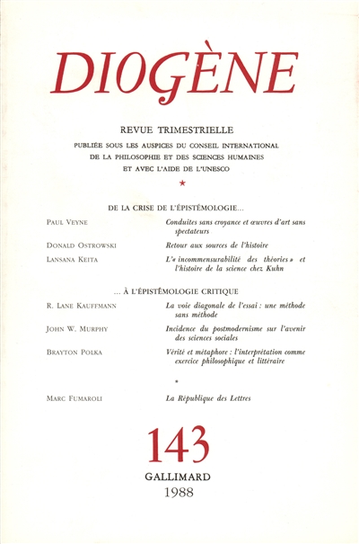 Diogène, n° 143. De la crise de l'épistémologie... à l'épistémologie critique