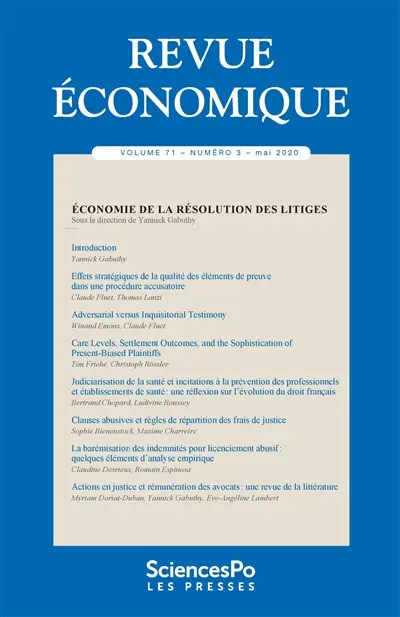 Revue économique, n° 71-3. Economie de la résolution des litiges