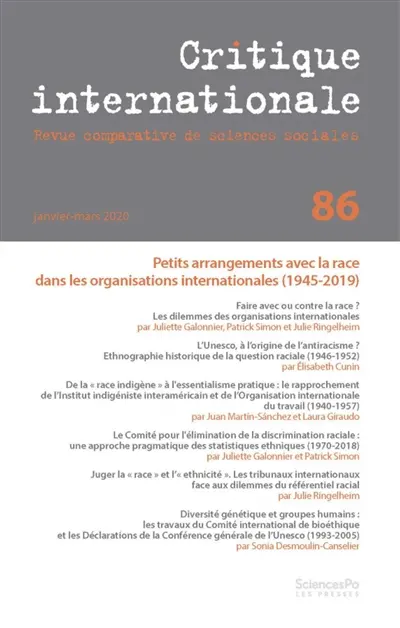 Critique internationale, n° 86. Petits arrangements avec la race dans les organisations internationales (1945-2019)