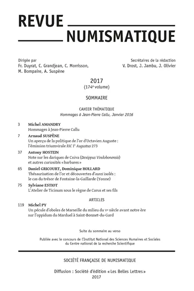 Revue numismatique, n° 174. Hommages à Jean-Pierre Callu, janvier 2016