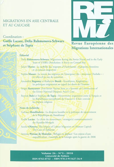 Revue européenne des migrations internationales-REMI, n° 26-3. Migrations en Asie centrale et au Caucase