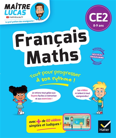 Français, maths CE2, 8-9 ans : cahier de soutien avec des vidéos, leçons et exercices corrigés : nouveau programme