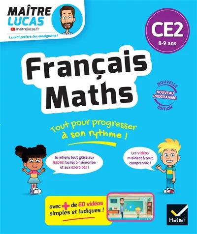 Français, maths CE2, 8-9 ans : cahier de soutien avec des vidéos, leçons et exercices corrigés : nouveau programme