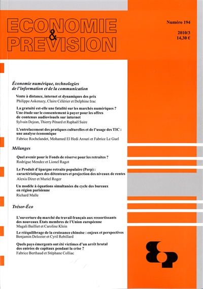 Economie et prévision, n° 197. Economie numérique, technologies de l'information et de la communication