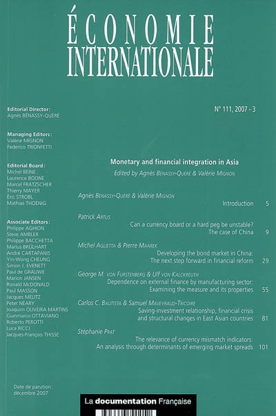Economie internationale, n° 111. Monetary and financial integration in Asia