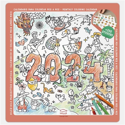 Calendrier de coloriage mois après mois 2024. Calendario para colorear mes a mes 2024. Monthly coloring calendar 2024