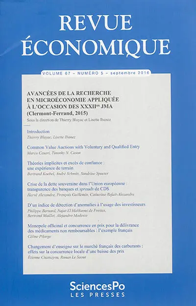 Revue économique, n° 67-5. Avancées de la recherche en microéconomie appliquée à l'occasion des XXXIIes JMA (Clermont-Ferrand, 2015)