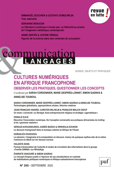 Communication & langages, n° 205. Cultures numériques en Afrique francophone : observer les pratiques, questionner les concepts