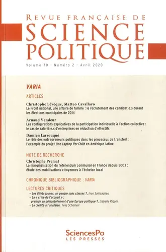 Revue française de science politique, n° 70-2. Varia