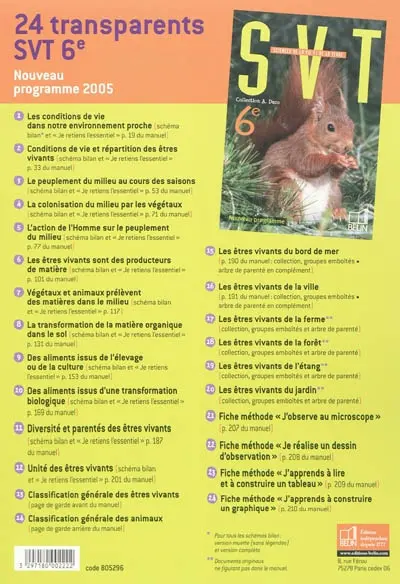 SVT, sciences de la vie et de la terre, 6e : 24 transparents : nouveau programme 2005