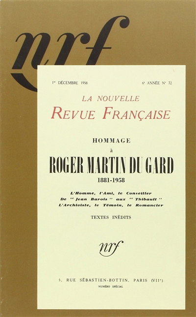 Hommage à Roger Martin du Gard : 1881-1958