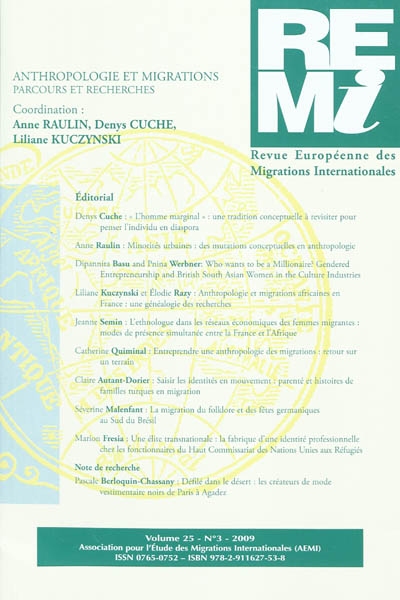 Revue européenne des migrations internationales-REMI, n° 25-3. Anthropologie et migrations : parcours et recherches