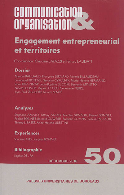 Communication & organisation, n° 50. Engagement entrepreneurial et territoires