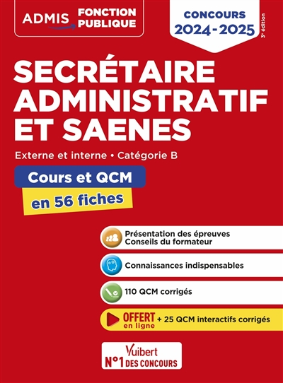 Secrétaire administratif et SAENES : externe et interne, catégorie B : cours et QCM en 56 fiches, concours 2024-2025