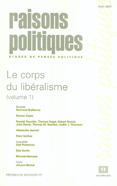 Raisons politiques, n° 11. Le corps du libéralisme 1 : la valeur des corps