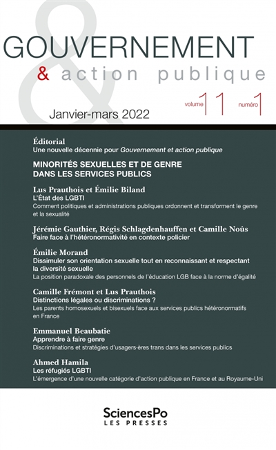Gouvernement & action publique, n° 11-1. Minorités sexuelles et de genre dans les services publics