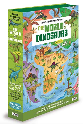 Voyage, découvre, explore. The world of dinosaurs : book and 200-piece oval puzzle : + 12 special pieces to make a fantastic 3D map !