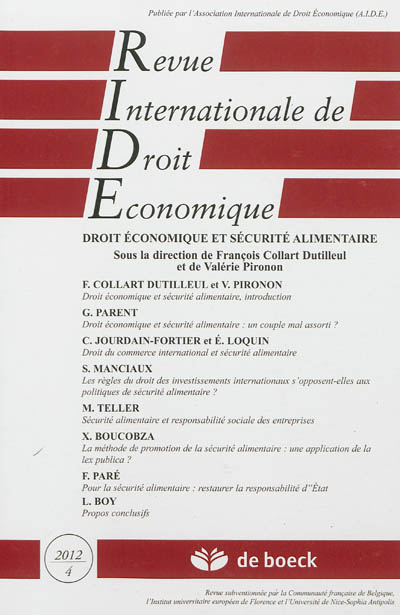 Revue internationale de droit économique, n° 4 (2012). Droit économique et sécurité alimentaire