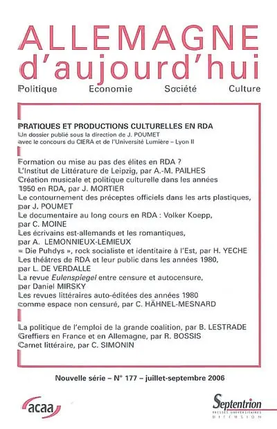 Allemagne d'aujourd'hui, n° 177. Pratiques et productions culturelles en RDA
