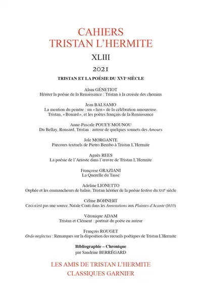 Cahiers Tristan L'Hermite, n° 43. Tristan et la poésie du XVIe siècle