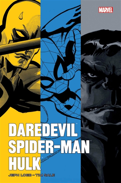 Daredevil : yellow. Spider-Man : blue. Hulk : gray