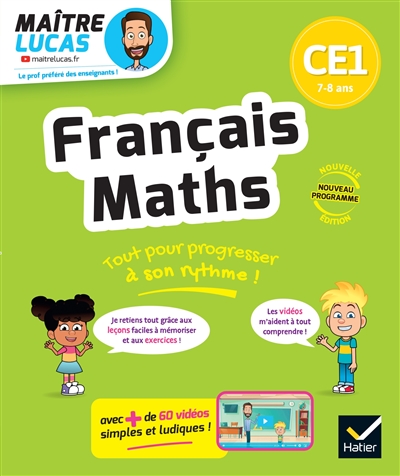 Français, maths CE1, 7-8 ans : cahier de soutien avec des vidéos, leçons et exercices corrigés : nouveau programme