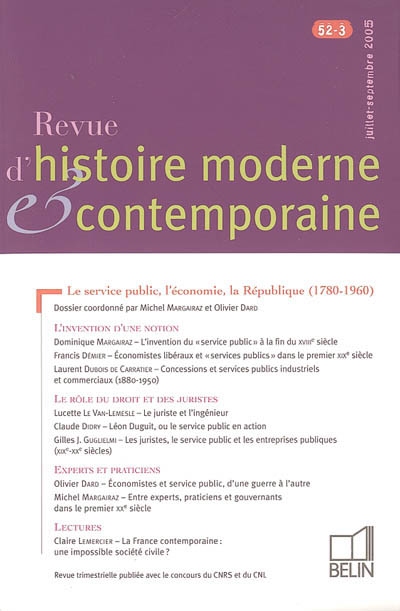 Revue d'histoire moderne et contemporaine, n° 52-3. Le service public, l'économie, la République (1780-1960)