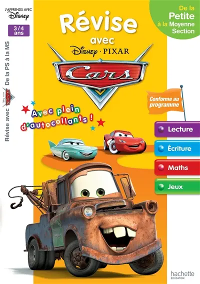 Révise avec Cars : de la petite à la moyenne section, 3-4 ans : lecture, écriture, maths, jeux