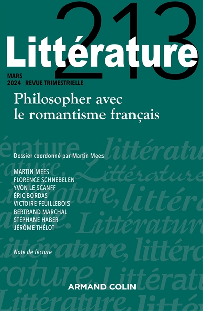 Littérature, n° 213. Philosopher avec le romantisme français