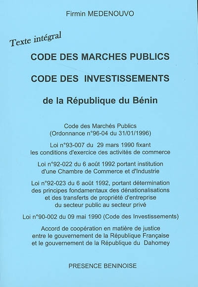 Code des marchés publics, Code des investissements de la République du Bénin