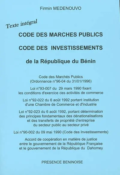 Code des marchés publics, Code des investissements de la République du Bénin