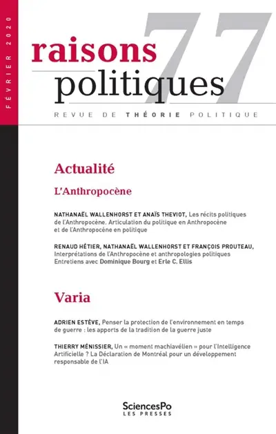 Raisons politiques, n° 77. L'anthropocène