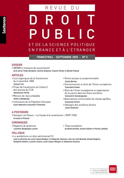 Revue du droit public et de la science politique en France et à l'étranger, n° 3 (2025). GAFAM et marques de souveraineté