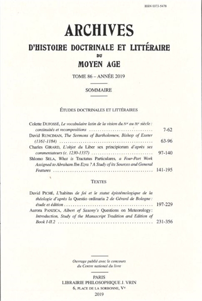 Archives d'histoire doctrinale et littéraire du Moyen Age, n° 86