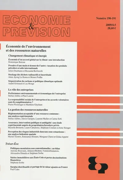Economie et prévision, n° 190-191. Economie de l'environnement et des ressources naturelles
