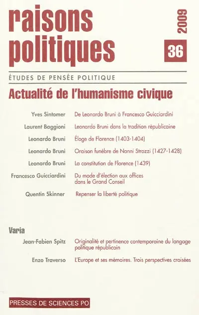 Raisons politiques, n° 36. Actualité de l'humanisme civique
