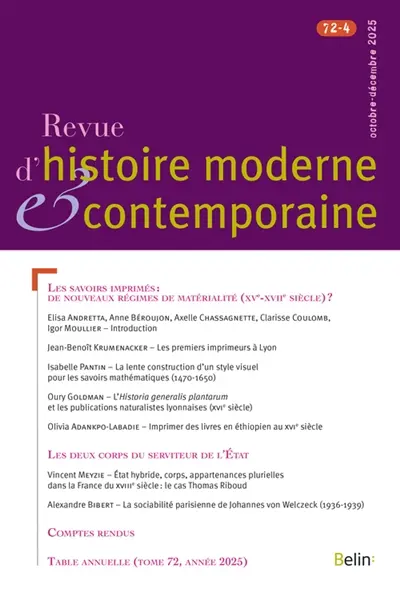 Revue d'histoire moderne et contemporaine, n° 72-4. Les savoirs imprimés : de nouveaux régimes de matérialité (XVe-XVIIe siècle) ?