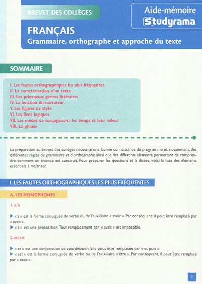 Français : grammaire, orthographe et approche du texte